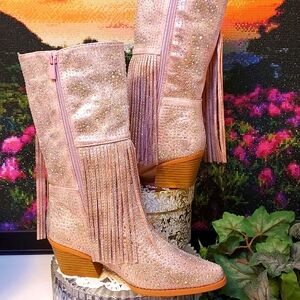 Sparkly Pink Fringe Kids Boots
